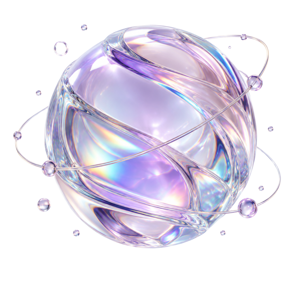Iridescent glass orb with orbital rings, symbolising connected growth